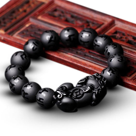 Bracelet en obsidienne mantra de richesse Pixiu 6 mots - Buddha Power Store