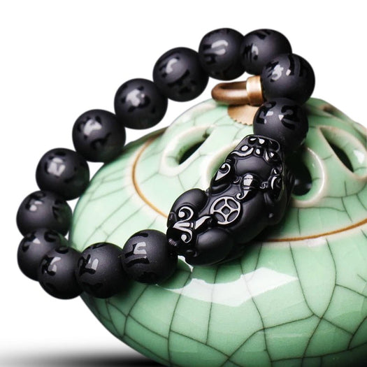 6 Wörter Pixiu Wealth Mantra Obsidian-Armband – Buddha Power Store