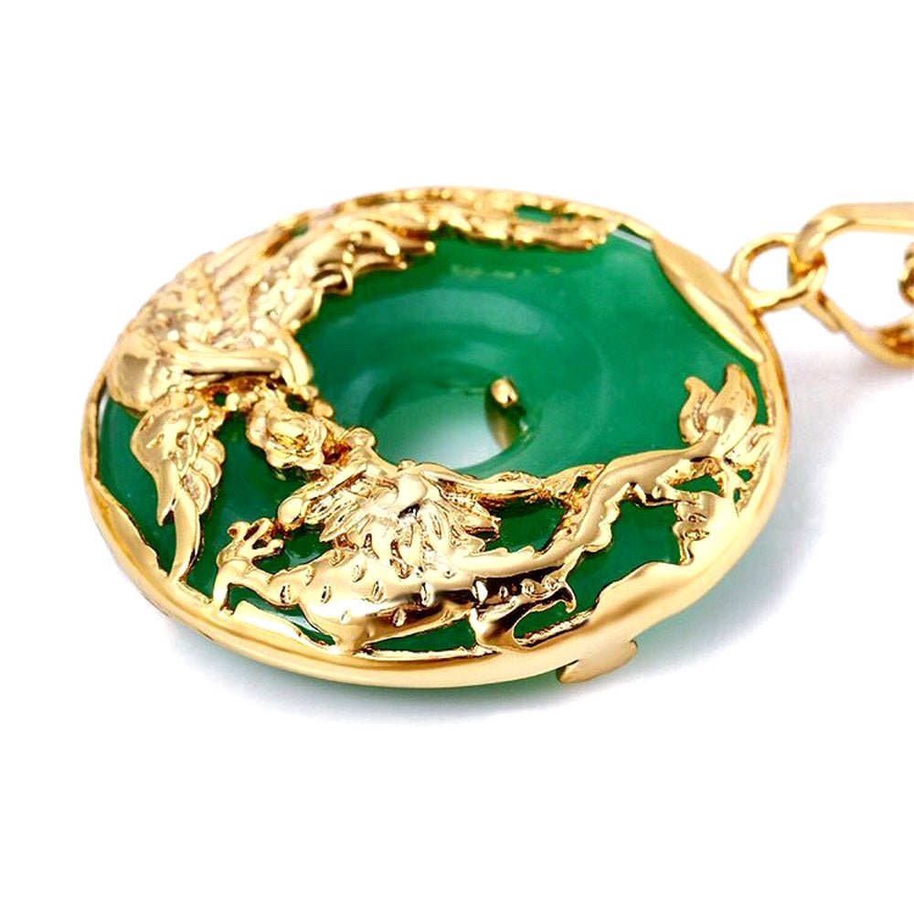 Auspicious Dragon & Phoenix Jade Gold Necklace - Buddha Power Store