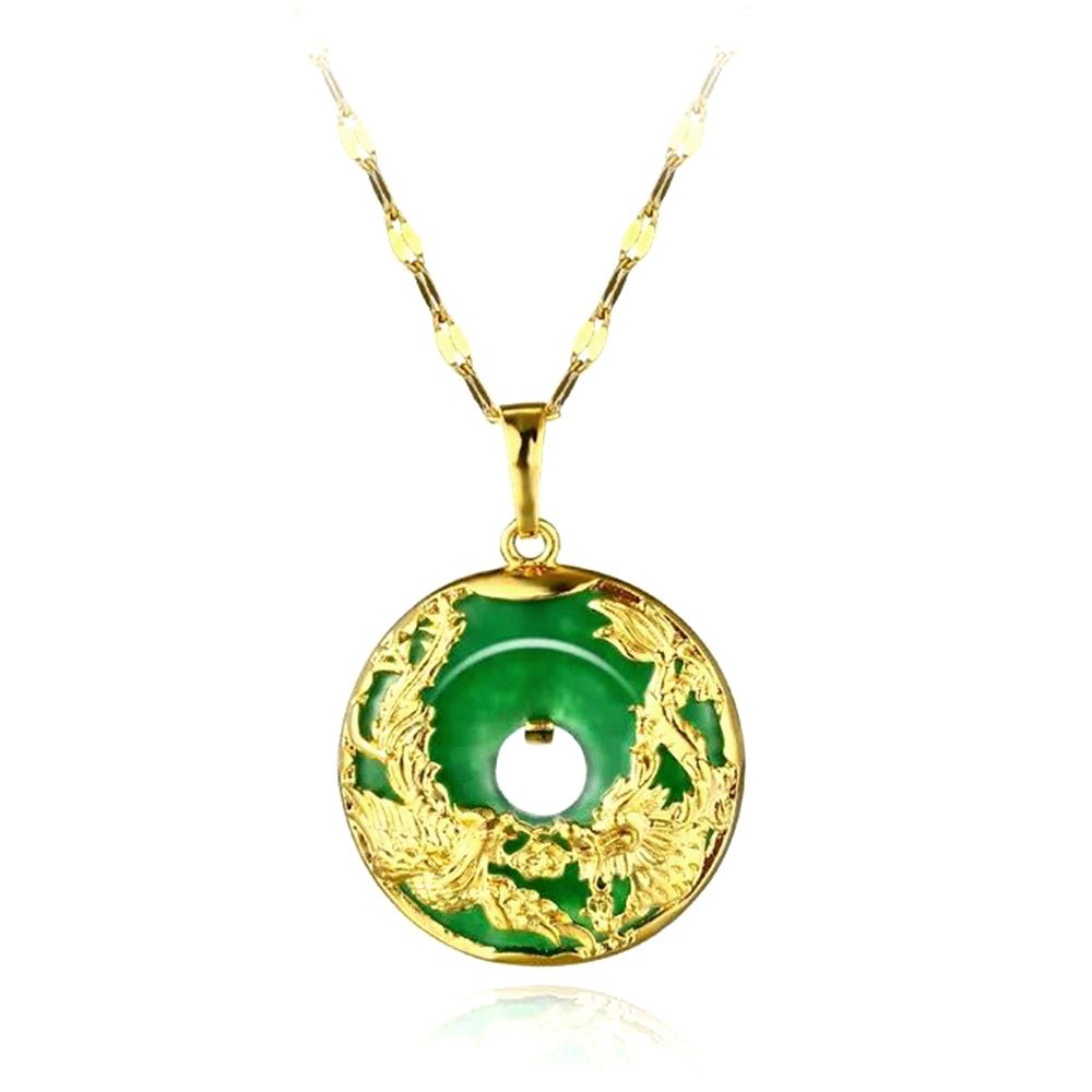 Auspicious Dragon & Phoenix Jade Gold Necklace - Buddha Power Store