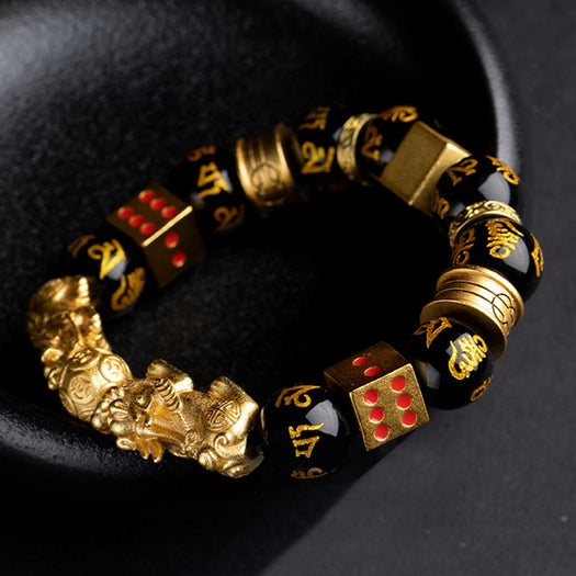 Bracelet de richesse Double Pixiu en obsidienne noire Feng Shui - Buddha Power Store