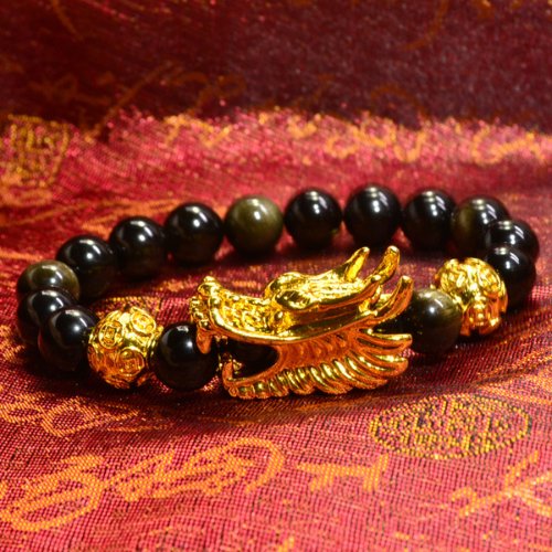 Pulsera de riqueza de obsidiana dorada con dragón Feng Shui - Buddha Power Store