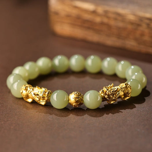 Goldenes Pixiu-Armband aus grüner Jade – Buddha Power Store