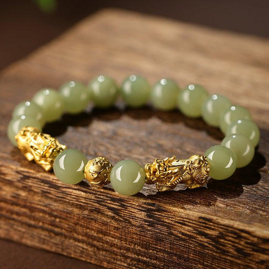 Golden Pixiu Green Jade Bracelet - Buddha Power Store