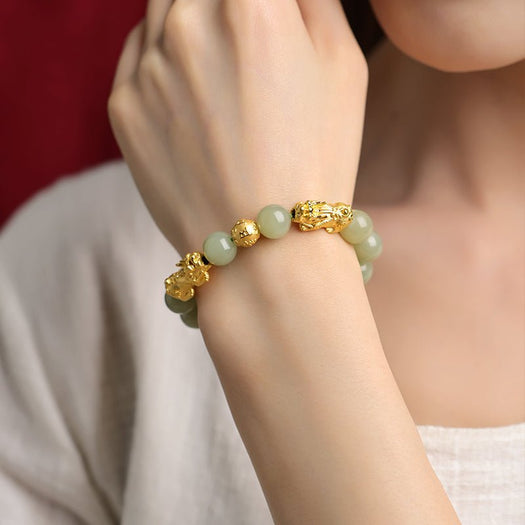 Bracelet en jade vert Pixiu doré - Buddha Power Store