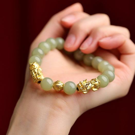 Bracelet en jade vert Pixiu doré - Buddha Power Store