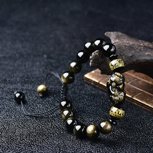 Golden Sheen Obsidian Wealth Pixiu Bracelet - Buddha Power Store
