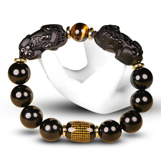 Bracelet de richesse Double Pi Yao en obsidienne en or naturel - Buddha Power Store