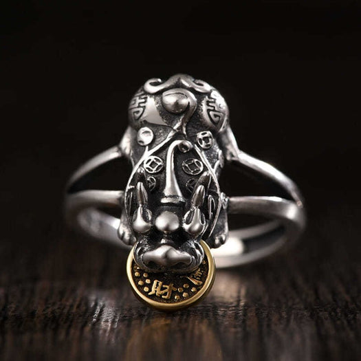 Pixiu Eating A Lucky Coin Fortune Ring - Buddha Power Store