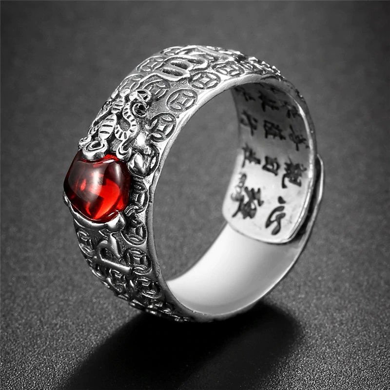 Pixiu Natural Red Garnet Stone Ring - Buddha Power Store