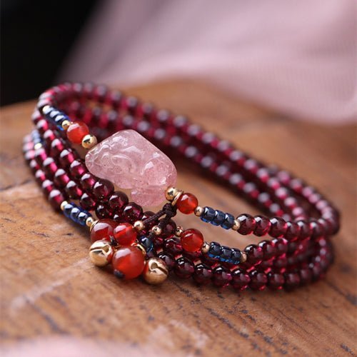 Mehrschichtiges Armband mit rotem Granat und Erdbeerkristall – Buddha Power Store