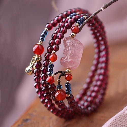 Bracelet multicouche grenat rouge avec cristal de fraise - Buddha Power Store