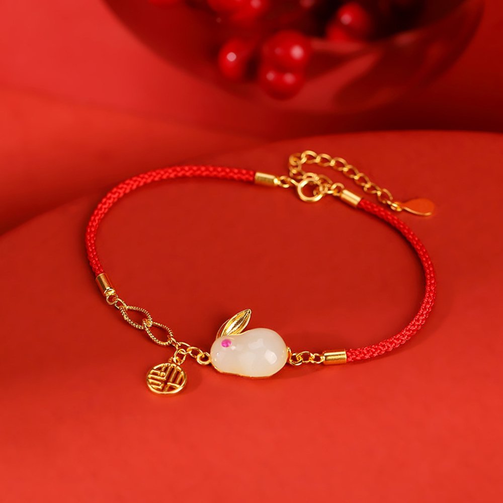 Bracelet en jade de lapin de bon augure en corde rouge - Buddha Power Store