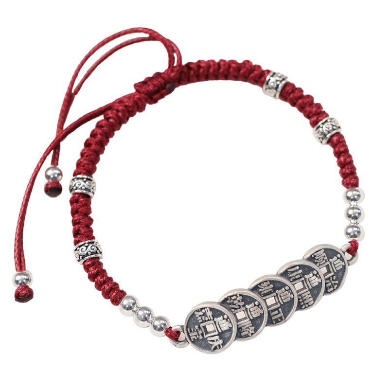 Bracelet d'argent en corde rouge avec cinq pièces d'empereur - Buddha Power Store
