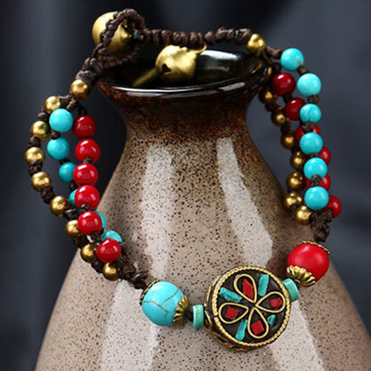 Armband mit tibetischen ethnischen türkisfarbenen Perlen – Buddha Power Store