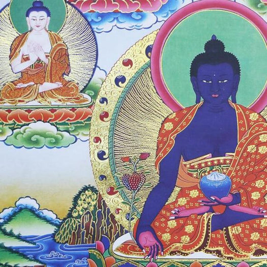 Pergamino de madera del Buda de la medicina ocho Thangka tibetano - Buddha Power Store