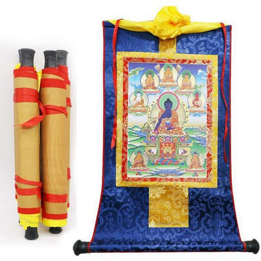 Tibetan Thangka Eight Medicine Buddha Wood Scroll - Buddha Power Store