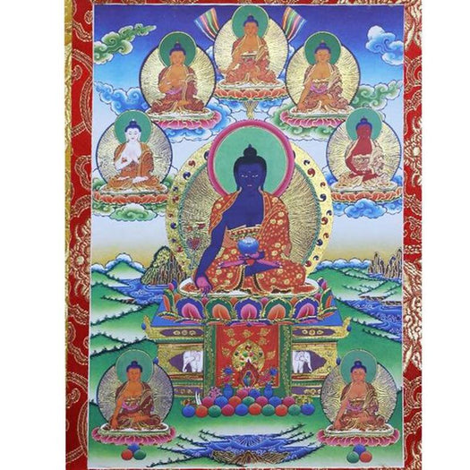 Pergamino de madera del Buda de la medicina ocho Thangka tibetano - Buddha Power Store