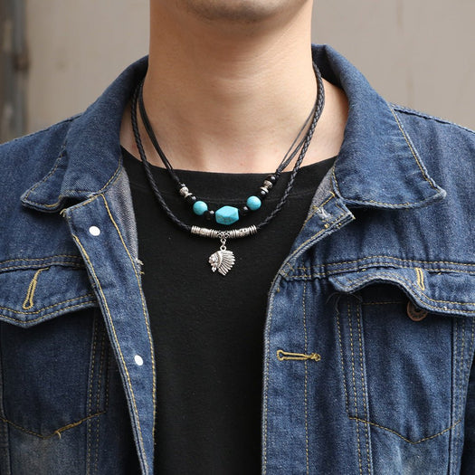 Halskette mit Anhänger aus türkisfarbenem Stein und Indianerkopf – Buddha Power Store