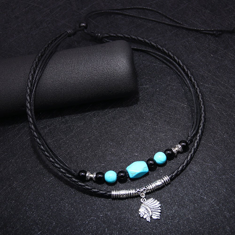 Halskette mit Anhänger aus türkisfarbenem Stein und Indianerkopf – Buddha Power Store